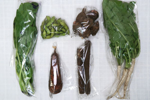 10月27日の無施肥無農薬栽培と自然栽培の定期宅配Sセット/ゴボウ、里芋、ニンジン、枝豆、大根葉(中抜き葉)、小松菜