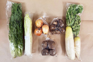 1月6日の無施肥無農薬栽培と自然栽培の定期宅配Sセット/大根、玉ねぎ、水菜、里芋、ジャガイモ(男爵)、白菜(カット)