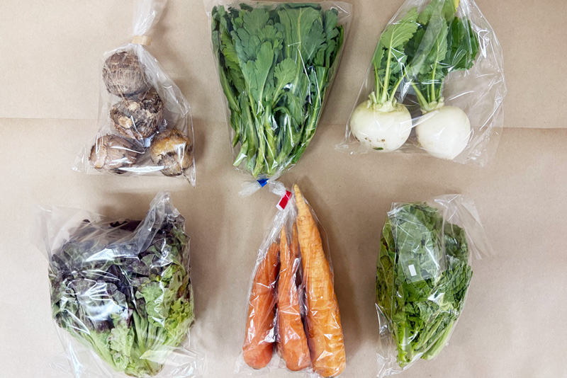 1月16日の無施肥無農薬栽培と自然栽培の定期宅配Sセット/小カブ、里芋、ニンジン、サニーレタス、菊菜、菜の花